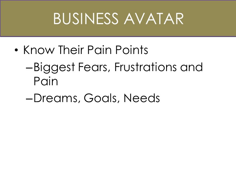 Business Avatar Know Their Pain Points Biggest Fears, Frustrations and Pain Dreams, Goals, Needs
